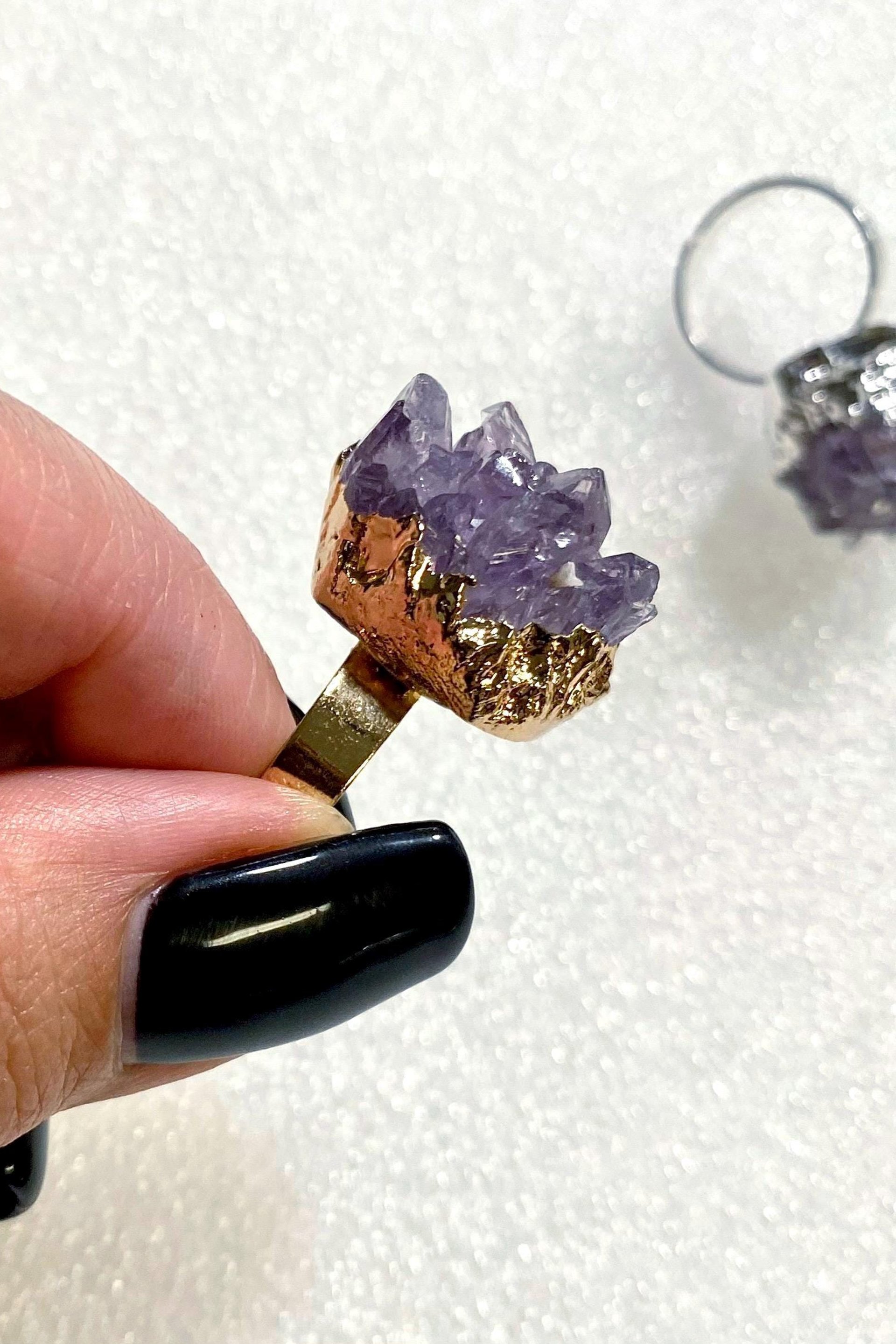 RAW AMETHYST CRYSTAL Ring • Size Adjustable • Silver or Gold Plated