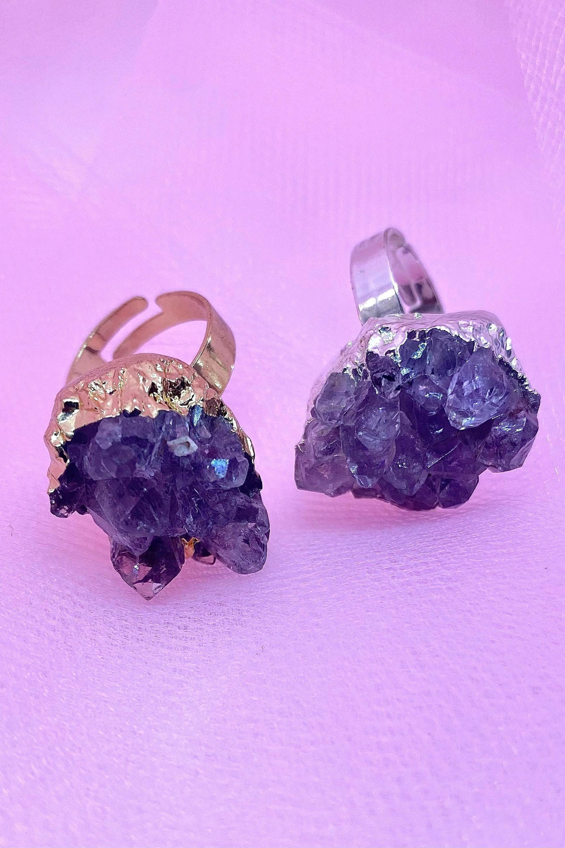 RAW AMETHYST CRYSTAL Ring • Size Adjustable • Silver or Gold Plated